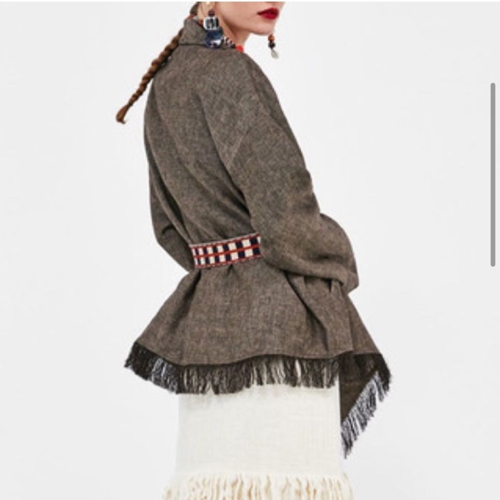 Zara 100% linen fringe pocketed open front kimono cardigan - Picture 7 of 8